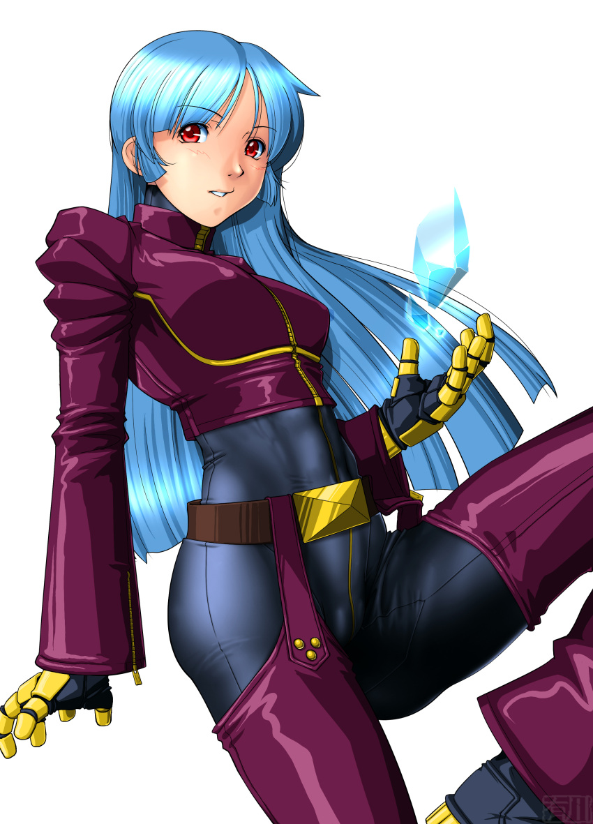 1girl absurdres arikawa belt blue_hair blush breasts chaps cropped_jacket crystal full-length_zipper highres king_of_fighters kula_diamond legs long_hair looking_at_viewer red_eyes serious simple_background small_breasts solo standing thighs white_background zipper