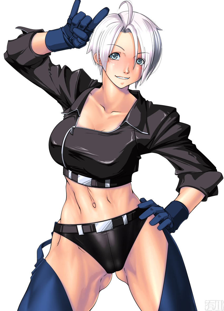 1girl \m/ absurdres angel_(kof) arikawa belt blue_eyes blush breasts female gloves hand_on_hip highres jacket king_of_fighters large_breasts leather leather_jacket legs looking_at_viewer midriff navel panties short_hair simple_background smile solo standing thighs underwear very_short_hair white_background white_hair zipper