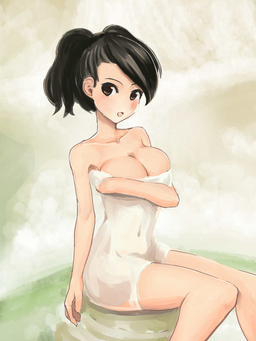 1girl breasts brown_eyes brown_hair cleavage covered_navel female kazan002 large_breasts looking_at_viewer momohime oboro_muramasa onsen open_mouth sitting solo towel water