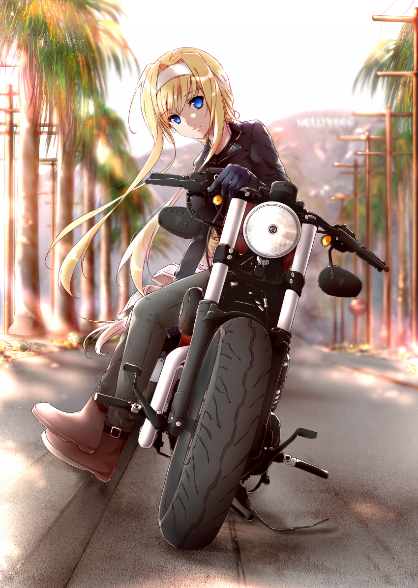 1girl absurdres alice_zuberg bangs black_gloves blonde_hair blue_eyes blurry boots brown_footwear closed_mouth commentary_request from_side full_body gloves ground_vehicle hair_intakes hairband highres hollywood_sign long_hair looking_at_viewer motor_vehicle motorcycle outdoors pants road shi-2 sitting smile solo sword_art_online tree white_hairband