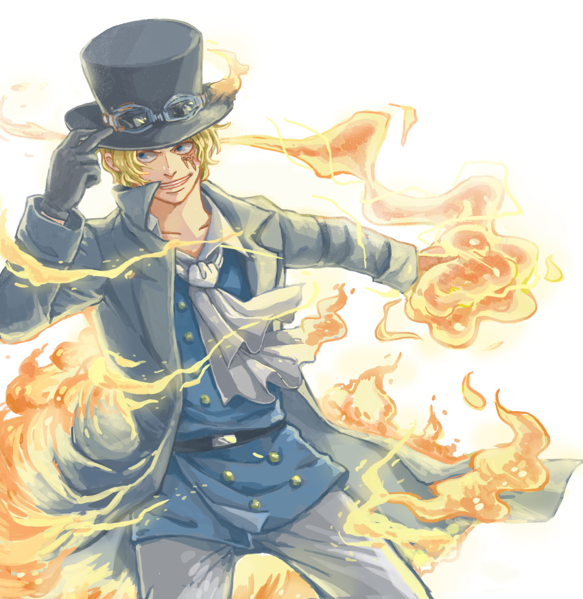 1boy blonde_hair cravat fire gloves goggles goggles_on_hat hand_on_headwear hat highres jacket magic male_focus one_piece sabo_(one_piece) scar solo top_hat
