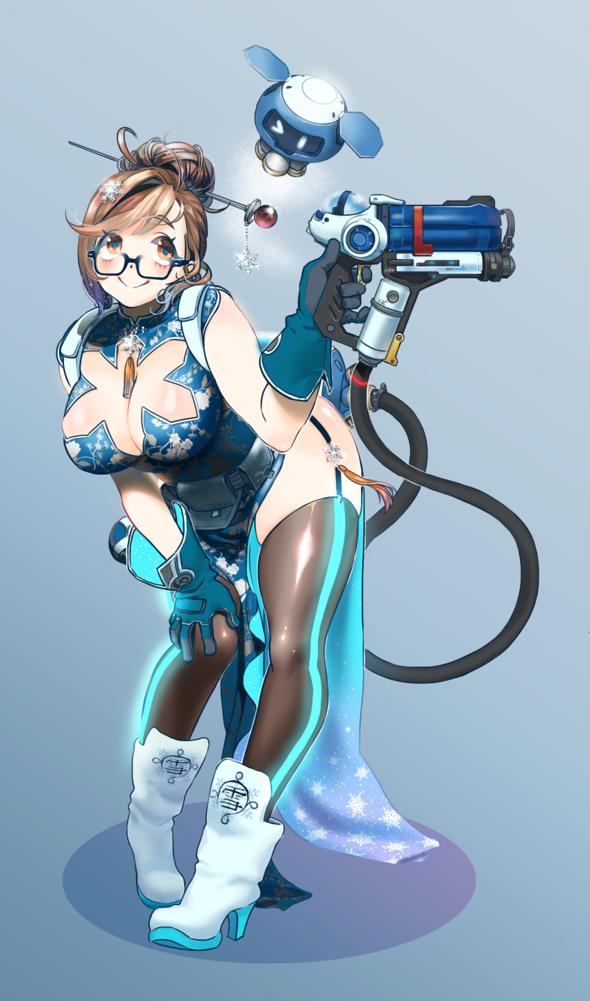 1girl absurdres alternate_costume belt blush boots breasts brown_hair china_dress chinese_clothes cleavage dress garter_straps glasses gloves hair_bun hair_ornament hairpin highres leaning_forward looking_at_viewer mei_(overwatch) neon_trim overwatch postal_cobe smile snowflake_print solo thigh-highs utility_belt