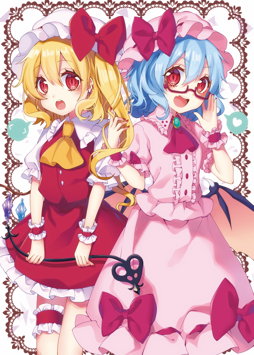 2girls absurdres ascot bat_wings bespectacled blonde_hair blue_hair bow brooch flandre_scarlet garters glasses hand_in_another's_hair hat hat_bow heart highres jewelry kyouda_suzuka laevatein mob_cap multiple_girls nail_polish open_mouth pink_skirt puffy_short_sleeves puffy_sleeves red-framed_eyewear red_eyes red_skirt remilia_scarlet semi-rimless_glasses short_sleeves side_ponytail skirt skirt_set spoken_heart touhou wings wrist_cuffs