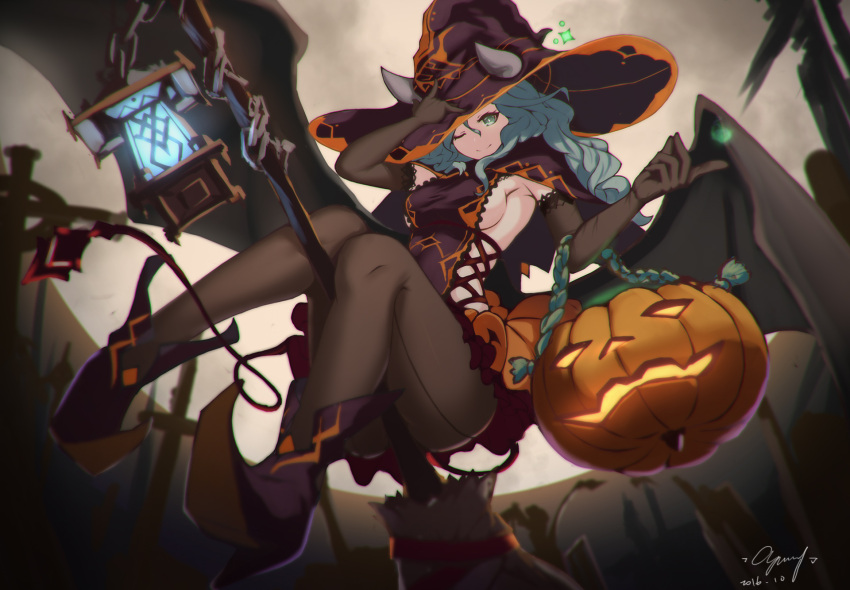 10s 1girl 2016 ;) aqua_hair black_gloves black_legwear boots breasts broom broom_riding caang_yue_xue_feeng closed_mouth dated dress elbow_gloves full_body full_moon gloves green_eyes hair_between_eyes halloween hand_on_headwear hat heart high_heels highres horns jack-o'-lantern knees_together_feet_apart lantern long_hair medium_breasts moon night number one_eye_closed original outdoors pantyhose purple_boots signature smile solo sparkle witch witch_hat