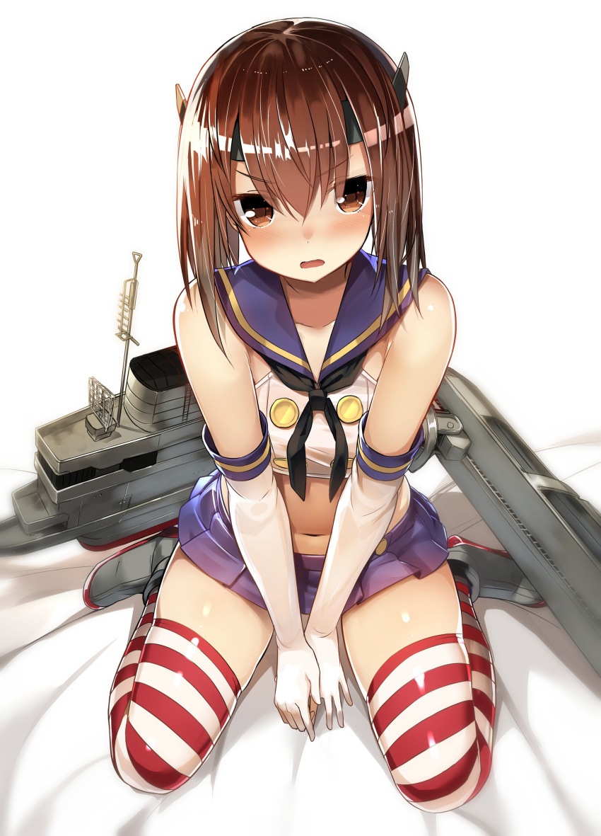 1girl 5240mosu absurdres bed_sheet blush brown_eyes brown_hair collarbone cosplay crop_top elbow_gloves embarrassed flat_chest from_above full_body gloves hair_between_eyes headgear highres kantai_collection looking_at_viewer machinery midriff miniskirt navel neckerchief open_mouth pleated_skirt school_uniform serafuku shimakaze_(kantai_collection) shimakaze_(kantai_collection)_(cosplay) shoes sitting skirt sleeveless solo striped striped_legwear taihou_(kantai_collection) thigh-highs v_arms wariza white_gloves zettai_ryouiki