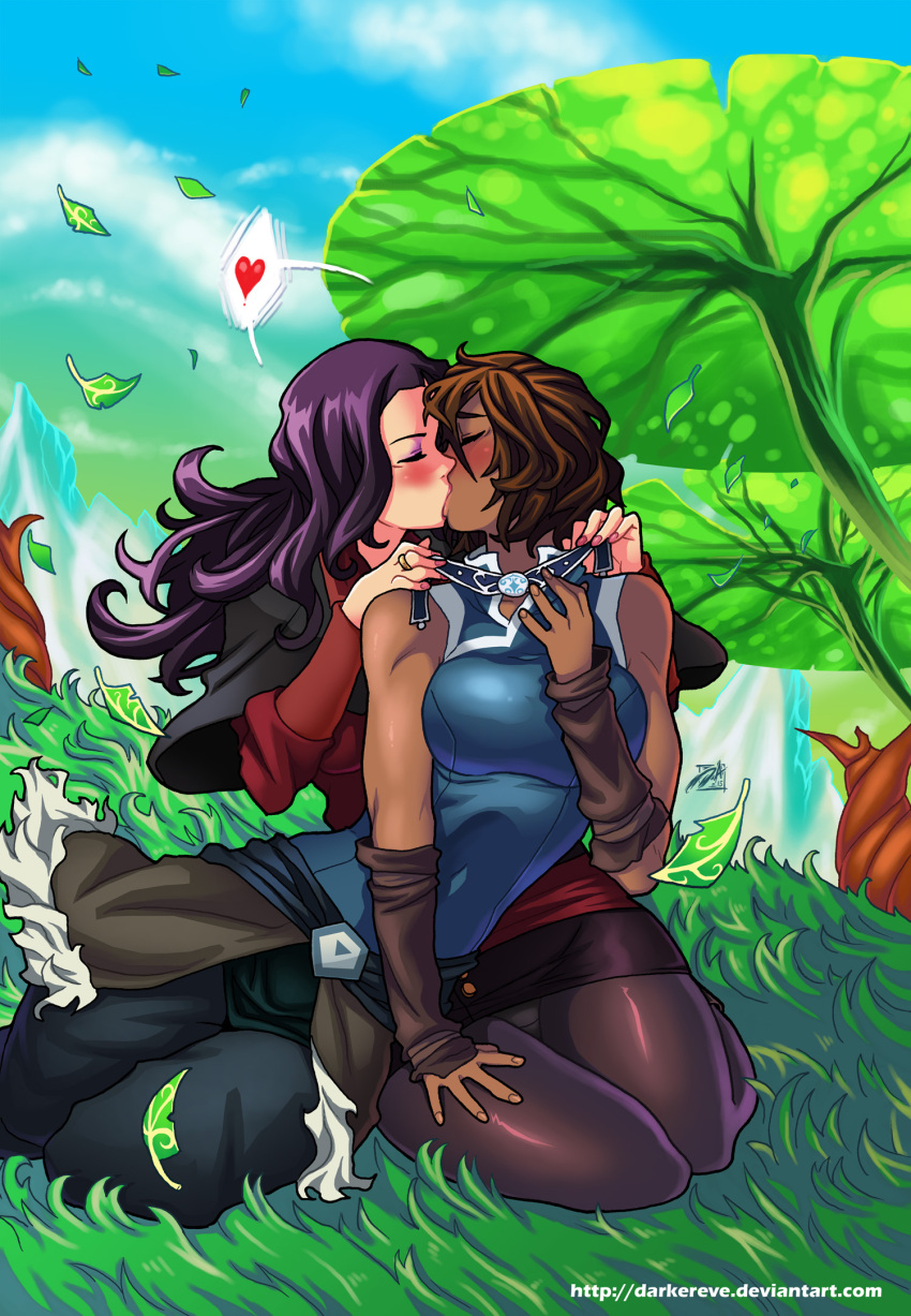 2girls asami_sato avatar:_the_last_airbender black_hair blush brown_hair couple dark_skin darwin_nunez female jewelry kiss korra multiple_girls necklace pantyhose sitting the_legend_of_korra yuri