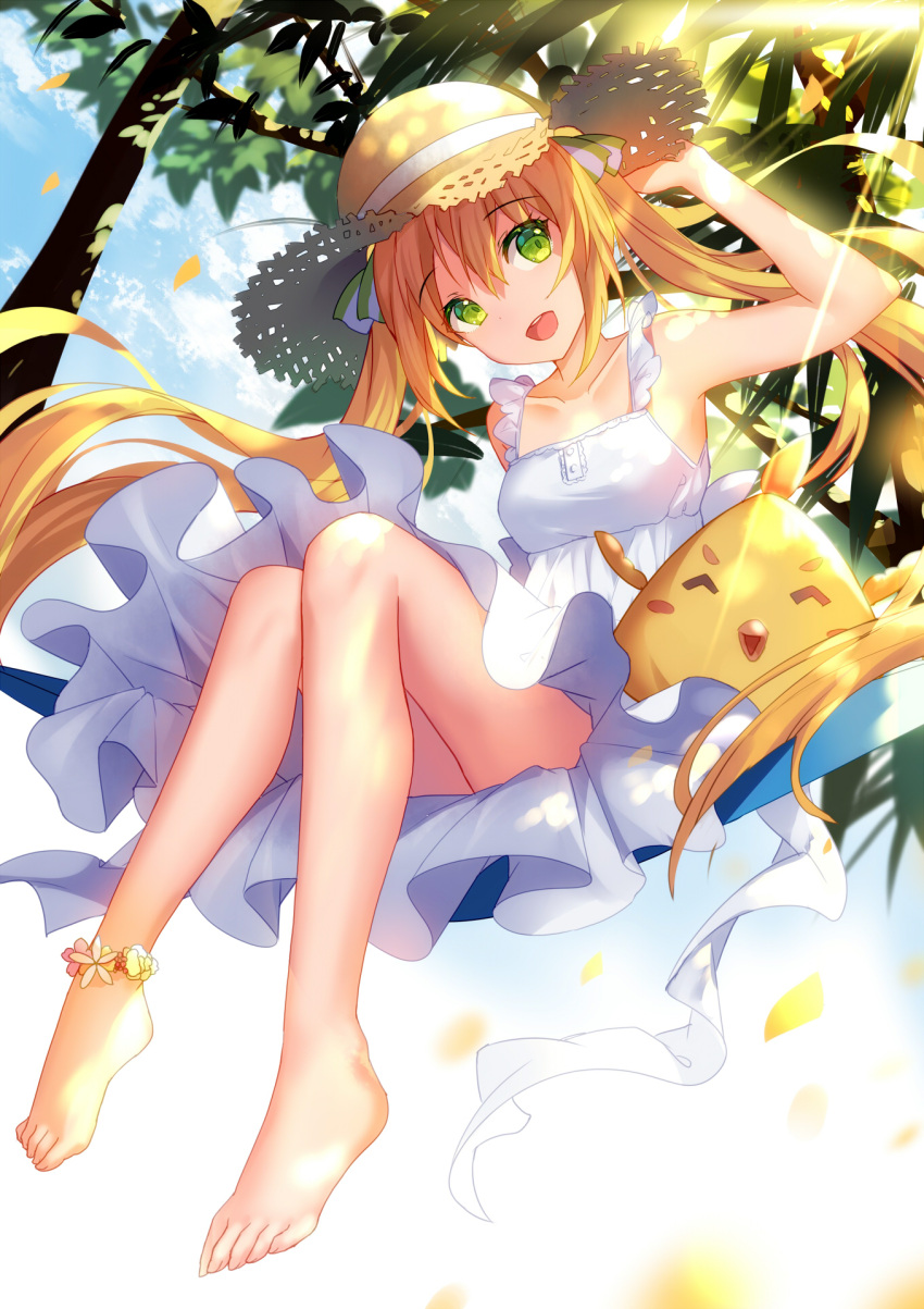 1girl :d ^_^ anklet armpits bangs barefoot beak bird bison_cangshu blonde_hair blue_sky branch closed_eyes clouds collarbone dress eyebrows eyebrows_visible_through_hair feet flower_anklet frilled_dress frills green_eyes green_ribbon hair_between_eyes hat hayakawa_kokona highres holding holding_hat idol_memories jewelry knees_together_feet_apart leaf legs light_rays long_hair open_mouth petals plant ribbon sitting sky smile solo straw_hat sundress teeth toes tree twintails white_dress white_ribbon