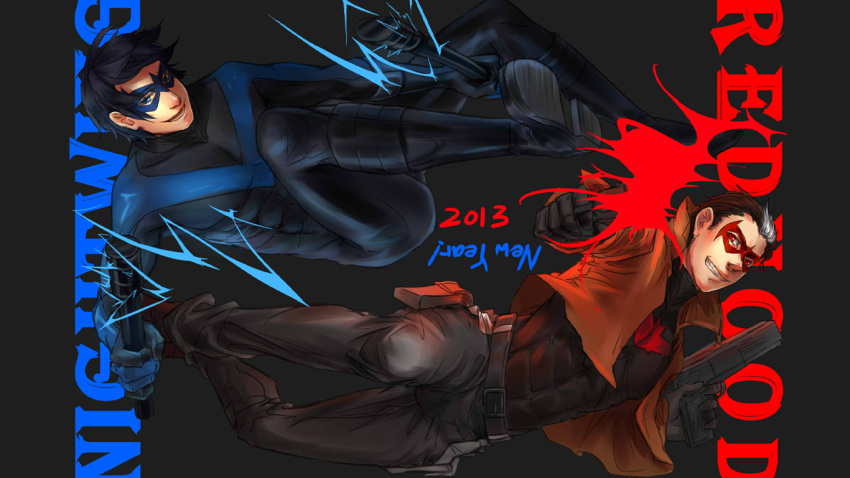 10s 2013 2boys batman_(series) black_hair blue_eyes bodysuit boots brothers character_name dc_comics dick_grayson domino_mask dual_wielding escrima_stick gun jacket jason_todd male_focus mask multicolored_hair multiple_boys new_year nightwing red_hood_(dc) siblings two-tone_hair weapon