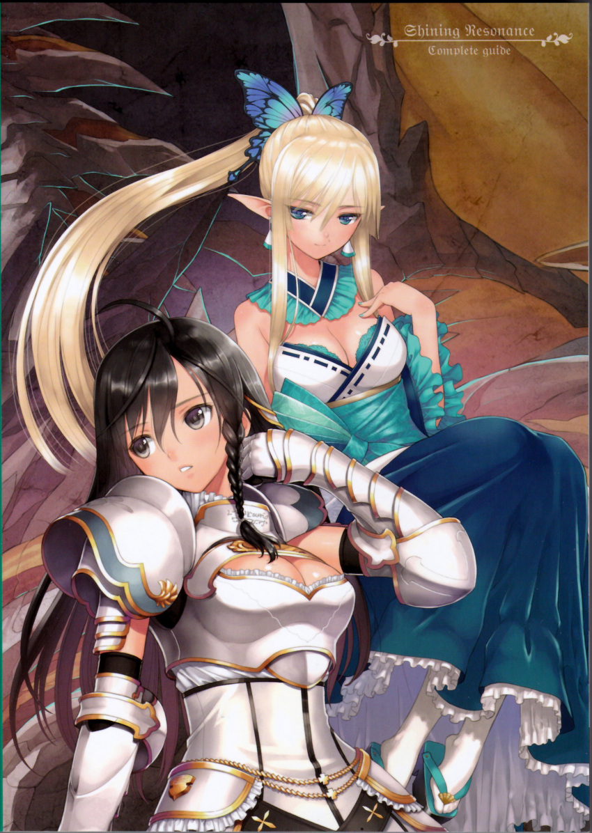 2girls absurdres armor breastplate breasts cleavage gauntlets highres kirika_towa_alma long_hair multiple_girls pauldrons scan sega shining_(series) shining_resonance sonia_blanche tanaka_takayuki