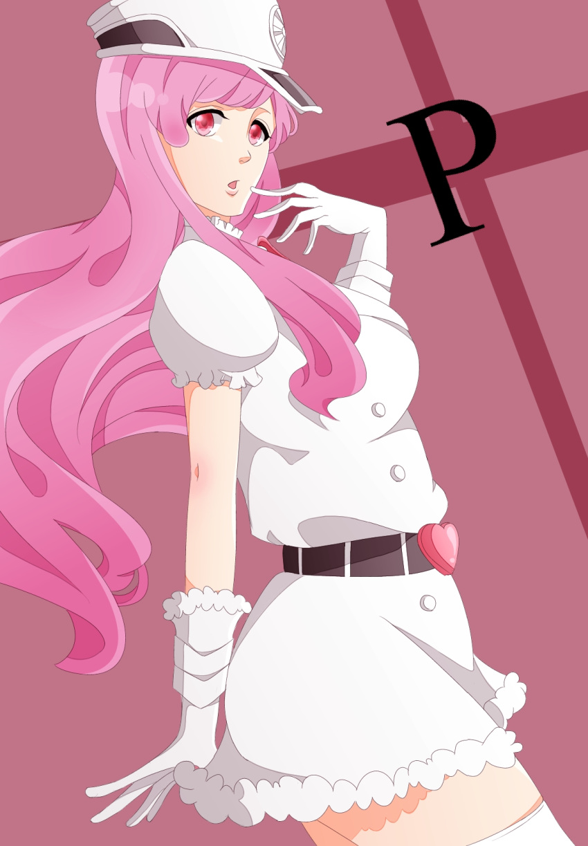 1girl bleach dress fur_trim gloves hat jadpjadpjadp long_hair looking_at_viewer meninas_mcallon military military_uniform peaked_cap pink_eyes pink_hair quincy_(bleach) solo uniform white_dress white_legwear