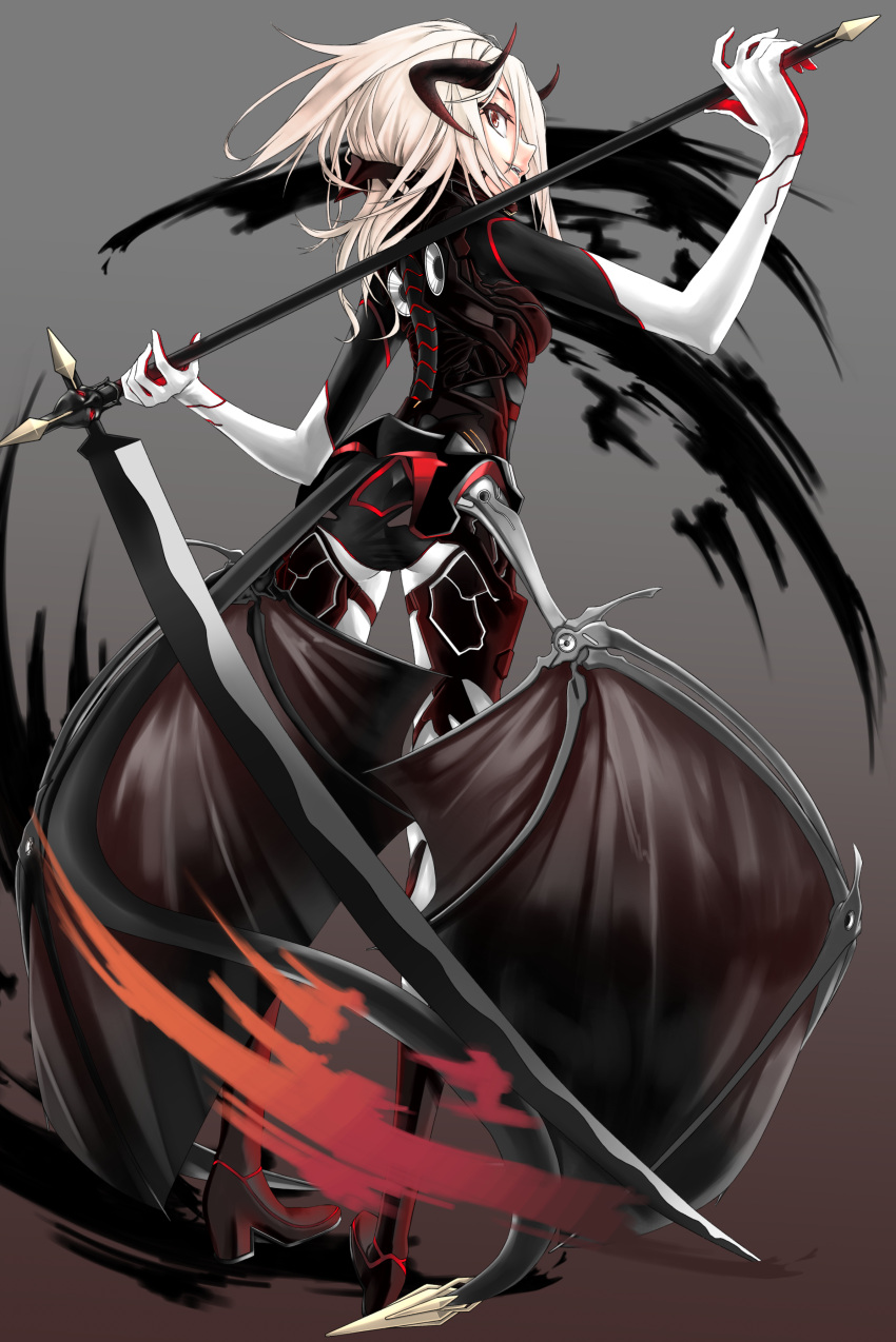 1girl artist_request back fangs female from_behind highres horns looking_back open_mouth original red_eyes scythe smile solo tagme tail teeth weapon white_hair wings