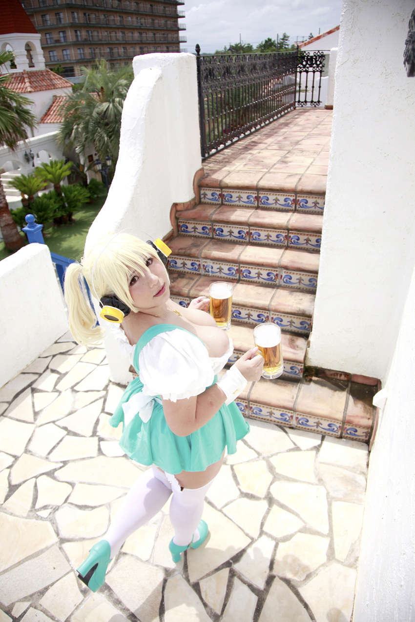 1girl asian beer blonde_hair breasts brown_eyes chouzuki_maryou cleavage cosplay dirndl garden german_clothes headphones jewelry large_breasts necklace nitroplus photo plump short_hair solo star super_pochaco super_pochaco_(cosplay) thigh-highs