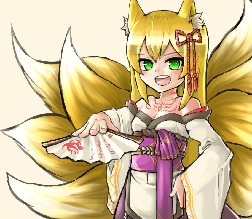 1girl animal_ears bare_shoulders blonde_hair fan female foreshortening green_eyes hair_ornament hand_on_hip hashimoto_(soukidann2010) japanese_clothes long_hair mon-musu_quest! monster_girl multiple_tails open_mouth shoulders solo tail tamamo_(mon-musu_quest!) tattoo