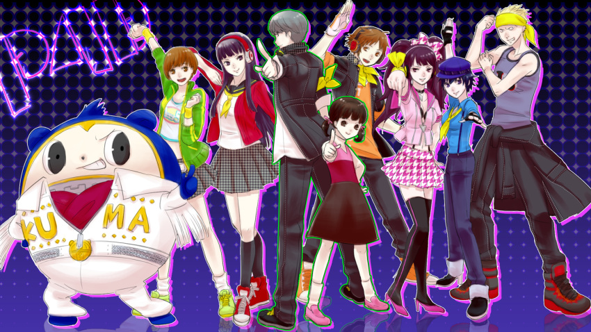 4boys 4girls alternate_costume amagi_yukiko artist_request atlus doujima_nanako everyone hanamura_yousuke hat headband headphones high_heels kujikawa_rise kuma_(persona_4) megami_tensei midriff multiple_boys multiple_girls narukami_yuu navel persona persona_4 persona_4:_dancing_all_night plaid plaid_skirt satonaka_chie scarf school_uniform shin_megami_tensei shirogane_naoto shoes skirt sneakers socks suspenders tank_top tatsumi_kanji thigh-highs very_short_hair wristband