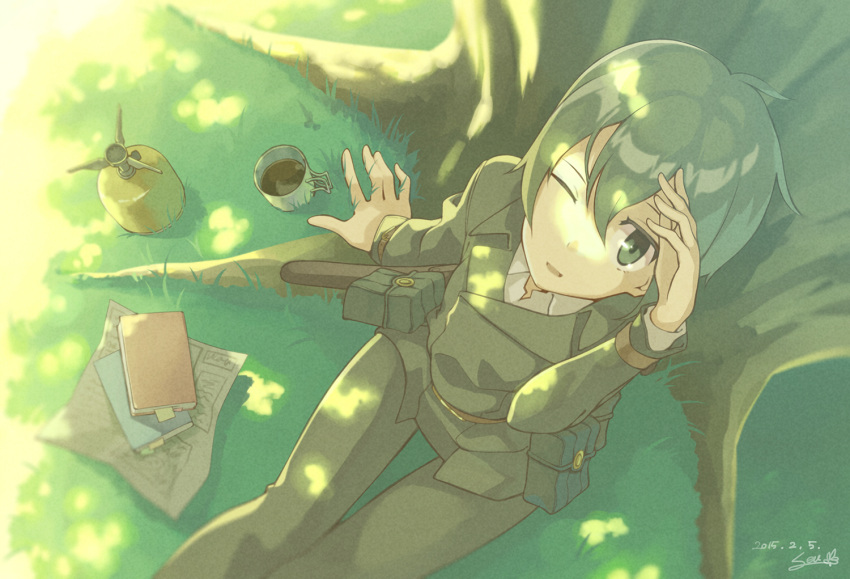 00s 10s 1girl 2015 belt book coffee dated dress_shirt female from_above green_eyes green_hair holster jacket kino kino_no_tabi looking_at_viewer looking_up nature outdoors pants plant pouch seu_(hutotomomo) shade shirt short_hair signature sitting smile solo tomboy tree wince