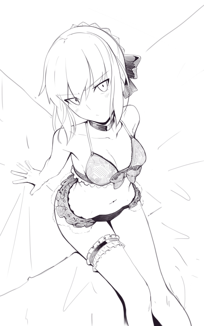 1girl absurdres artoria_pendragon_(all) artoria_pendragon_(swimsuit_rider_alter) boa_(brianoa) breasts cleavage closed_mouth fate/grand_order fate_(series) frilled_bikini_top highres leg_garter looking_at_viewer monochrome saber_alter short_hair solo