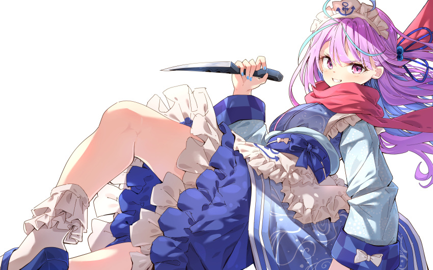 1girl absurdres anchor anchor_symbol apron bangs blue_bow blue_footwear blue_hair blue_kimono blue_nails bow darjeeling_(reley) eyebrows_visible_through_hair floating_hair frilled_apron frilled_legwear frills grin hair_between_eyes highres holding holding_weapon hololive japanese_clothes kimono kunai long_hair long_sleeves looking_at_viewer minato_aqua multicolored_hair nail_polish obi one_side_up purple_hair red_scarf sash scarf shoes simple_background smile socks solo two-tone_hair v-shaped_eyebrows violet_eyes virtual_youtuber waist_apron weapon white_apron white_background white_bow white_legwear wide_sleeves