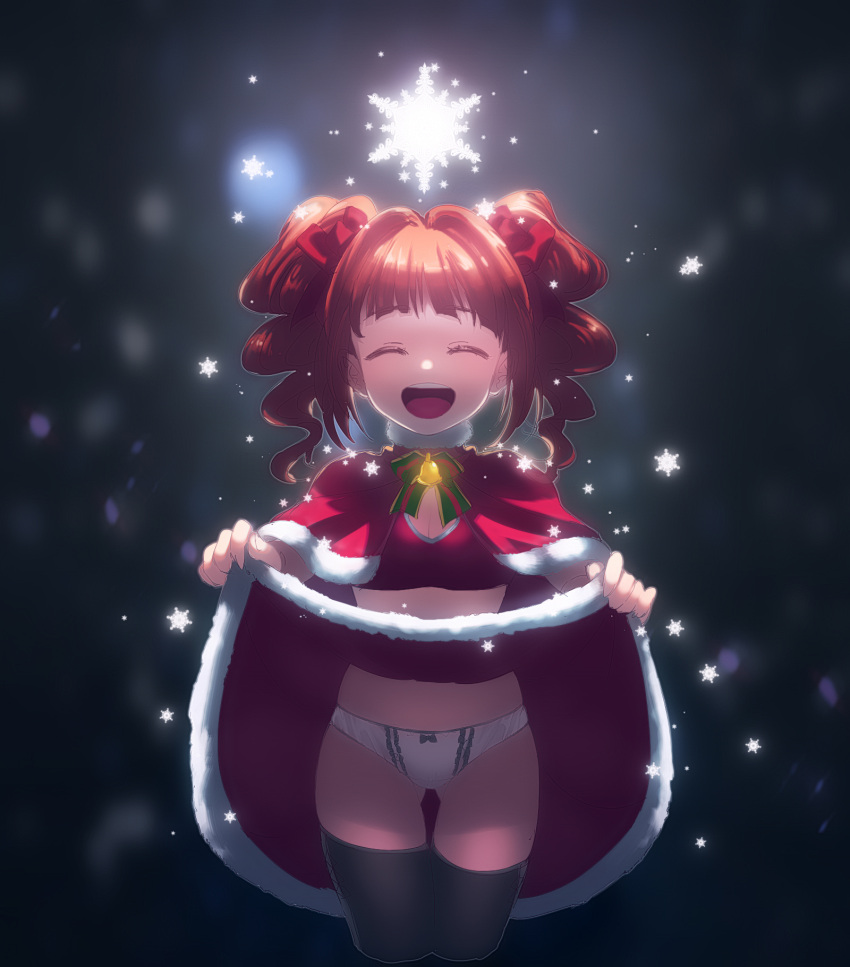 1girl :d ^_^ bell bow bow_panties cape christmas cloak closed_eyes cropped_legs hanon_(heartofsword) highres idolmaster open_mouth orange_hair panties redhead santa_costume skirt skirt_lift smile snow snowflakes snowing solo star takatsuki_yayoi thigh-highs thigh_gap twintails underwear