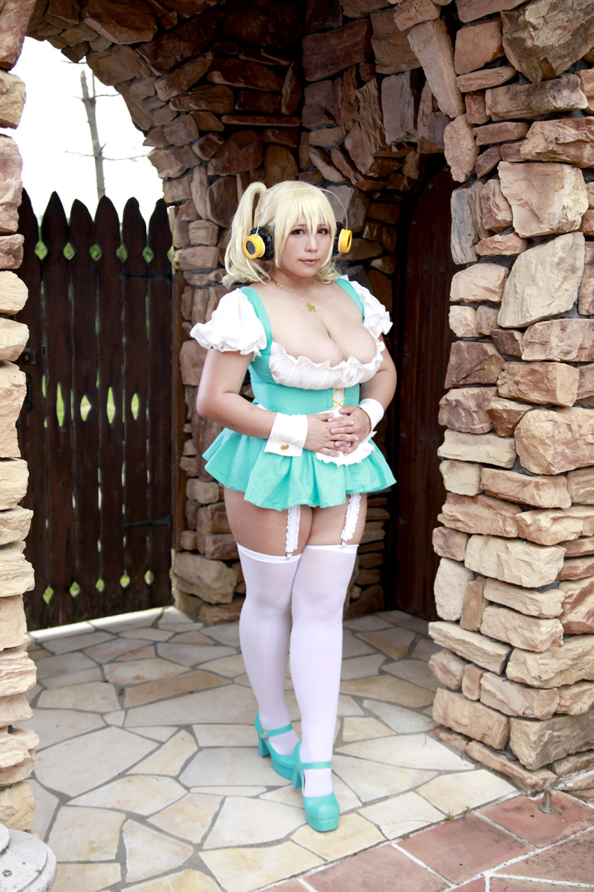 1girl asian blonde_hair breasts brown_eyes chouzuki_maryou cleavage cosplay dirndl garden gate german_clothes headphones jewelry large_breasts necklace nitroplus photo plump short_hair solo star super_pochaco super_pochaco_(cosplay) thigh-highs