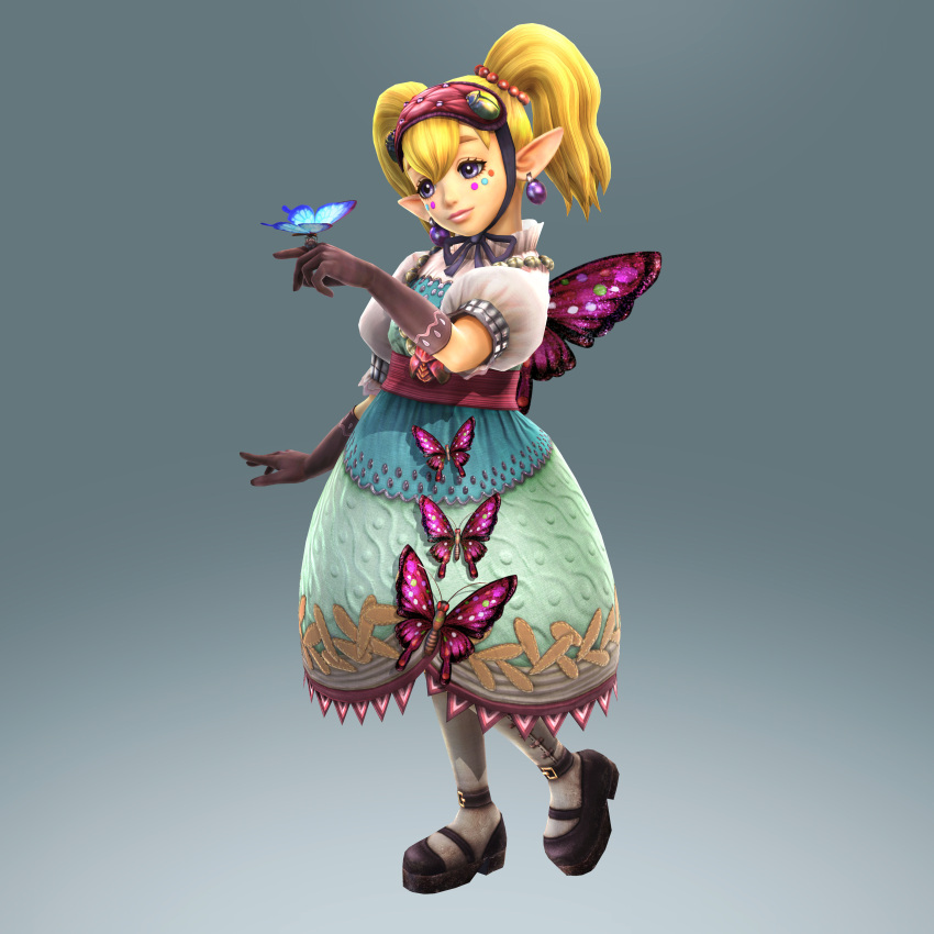 1girl 3d absurdres agitha blonde_hair blue_eyes butterfly dress earrings female full_body gloves gothic_lolita gradient gradient_background highres jewelry lolita_fashion long_hair nintendo official_art pendant pointy_ears solo the_legend_of_zelda the_legend_of_zelda:_twilight_princess twintails zelda_musou
