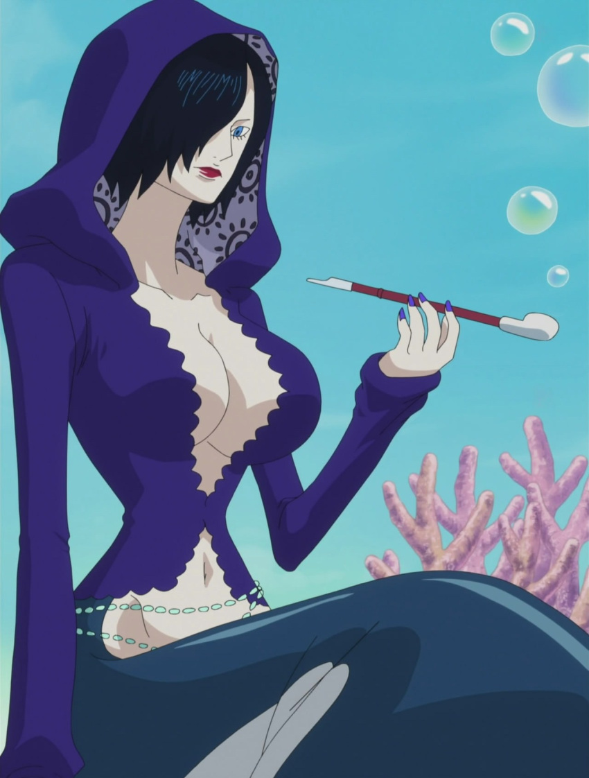 1girl breasts bubble fishman_island hair_over_one_eye lipstick madame_shirley makeup mermaid monster_girl navel one_piece screencap short_hair solo stitched