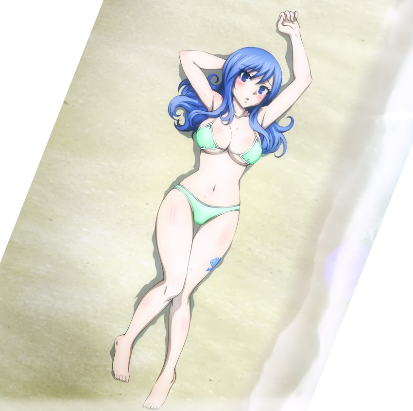 1girl armpits arms_up barefoot beach bikini blue_eyes blue_hair blush body_blush breasts cleavage curvy fairy_tail highres juvia_loxar large_breasts long_hair looking_at_viewer lying midriff navel sand screencap solo stitched swimsuit tattoo under_boob