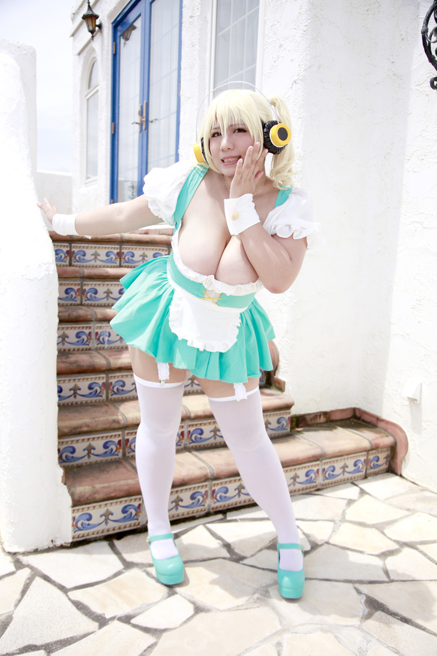 1girl asian blonde_hair breasts brown_eyes chouzuki_maryou cleavage cosplay dirndl garden german_clothes headphones jewelry large_breasts necklace nitroplus photo plump short_hair solo stairs star super_pochaco super_pochaco_(cosplay) thigh-highs white_legwear