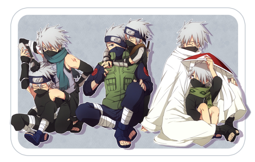 age_progression age_regression ankle_wraps bare_shoulders elbow_gloves emblem fingerless_gloves forehead_protector gloves hair_over_one_eye half_mask hatake_kakashi multiple_persona naruto outside_border scar scarf silver_hair sitting sleeveless takaichi_(as121) tattoo toeless_legwear younger