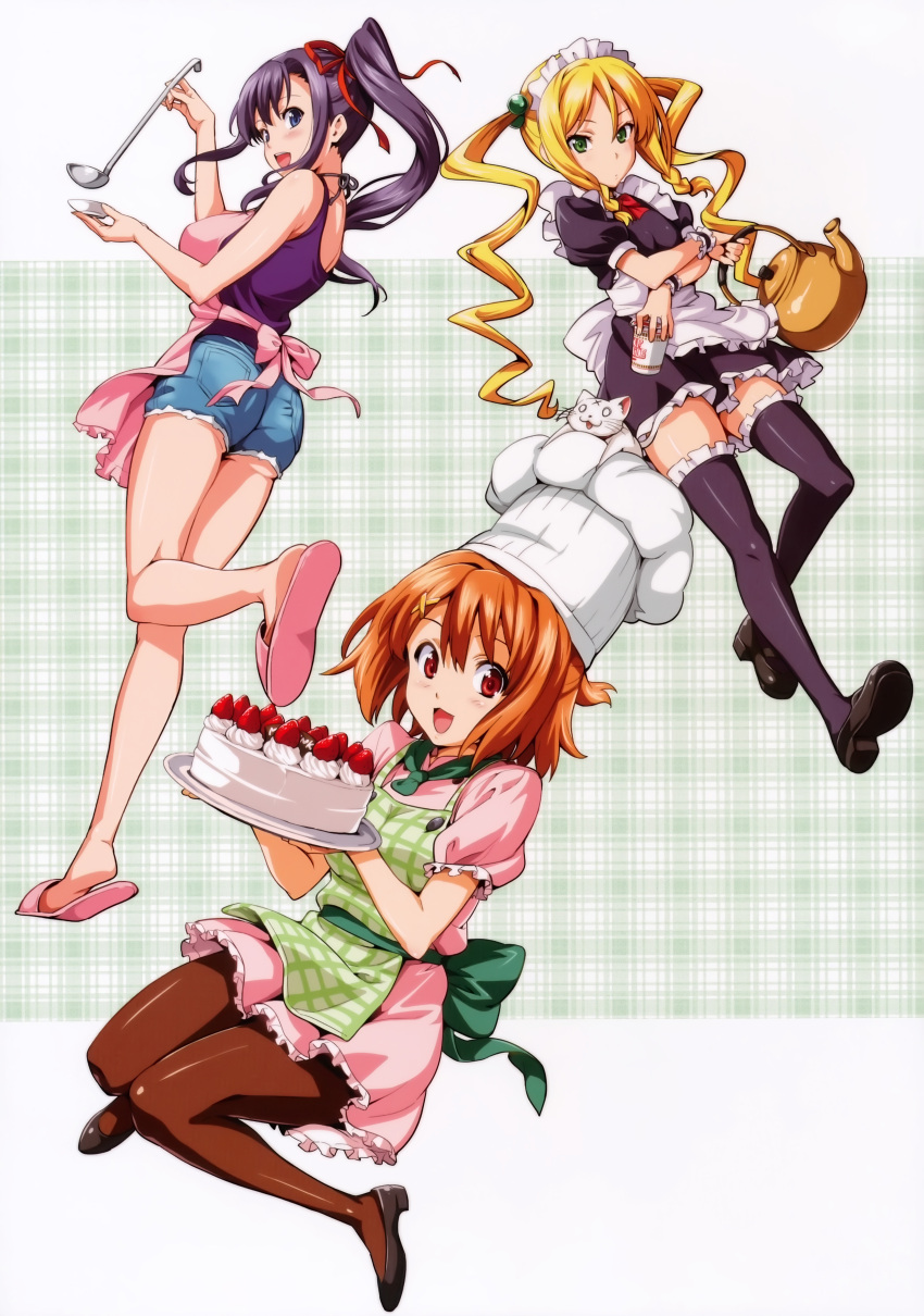 3girls absurdres amaya_haruko ass high_heels highres himegami_kodama kushiya_inaho maid maken-ki! multiple_girls official_art pantyhose takeda_hiromitsu thigh-highs