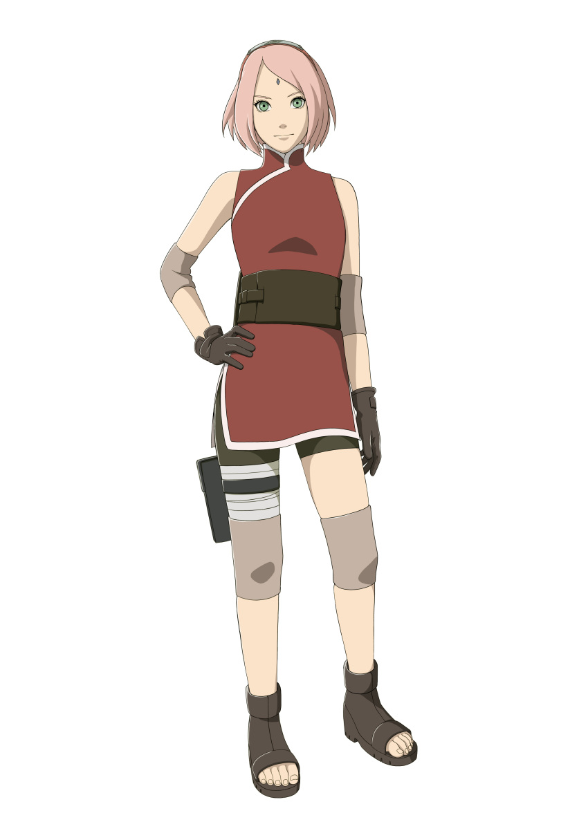 1girl arm_warmers bandage bangs bare_shoulders belt bike_shorts black_gloves breasts dress eyelashes facial_mark forehead_mark full_body gloves green_eyes hand_on_hip haruno_sakura headband headdress highres leg_warmers looking_at_viewer naruto naruto:_the_last official_art open_toe_shoes pink_hair pocket red_dress sash shoes short_dress short_hair side_slit simple_background sleeveless sleeveless_dress solo standing thigh_strap thighs toes turtleneck white_background