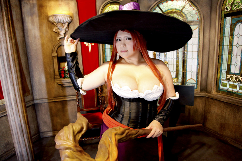 1girl asian breasts chouzuki_maryou cosplay dragon's_crown hat hips large_breasts photo plump redhead solo sorceress sorceress_(dragon's_crown) sorceress_(dragon's_crown)_(cosplay) staff stained_glass thick_thighs thighs wide_hips witch_hat