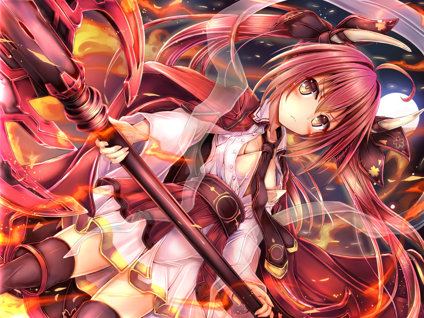 1girl axe battle_axe boots cape collarbone commentary_request date_a_live dutch_angle fire hair_ornament hair_ribbon highres holding holding_axe holding_weapon itsuka_kotori kaisu knee_boots moon necktie night red_cape red_eyes redhead ribbon shirt skirt solo twintails v-shaped_eyebrows weapon white_shirt white_skirt
