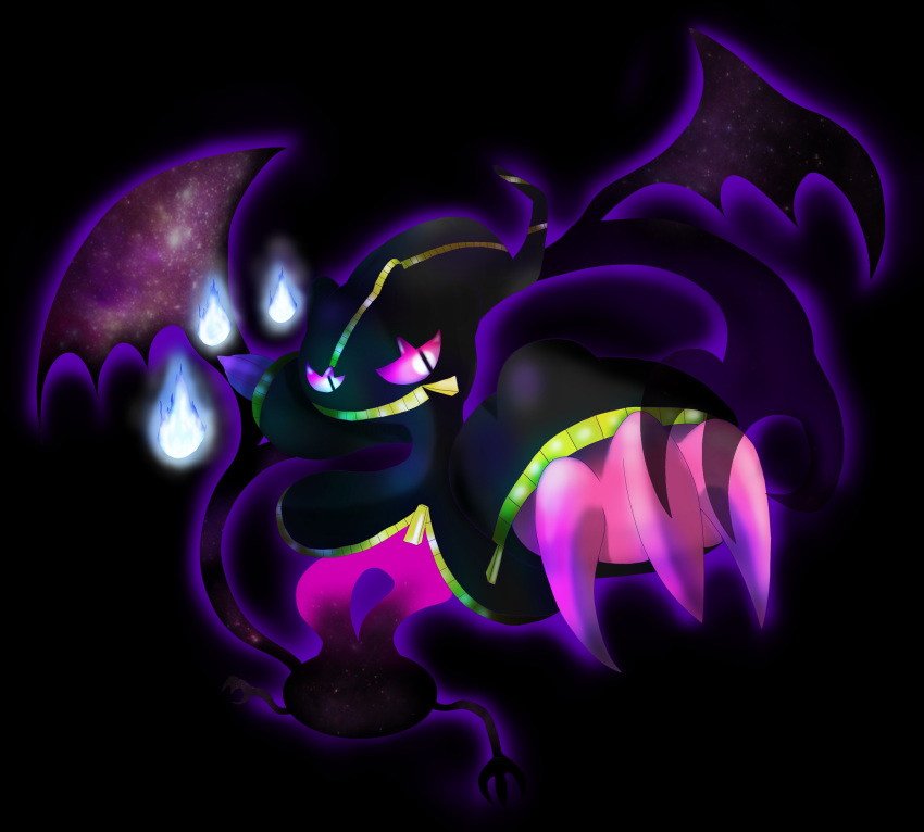 10s banette black_background claws fire ghost highres mega_banette nintendo pokemon pokemon_(game) pokemon_xy shadow violet_eyes zipper