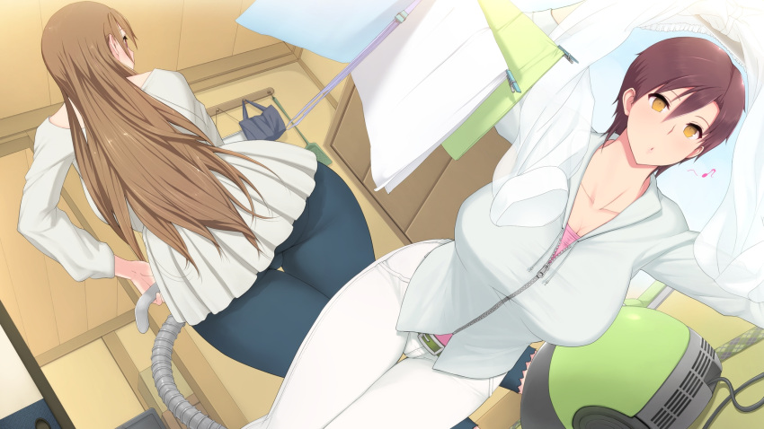 2girls arms_up ass belt blush breasts brown_hair cleaning collarbone highres hitozuma_k&amp;y huge_breasts legs long_hair looking_away multiple_girls pink_doragon short_hair standing thighs vacuum_cleaner window yellow_eyes zipper