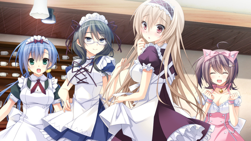 4girls black_hair blonde_hair blue_eyes blue_hair blush breasts brown_hair cleavage closed_eyes game_cg glasses green_eyes happy large_breasts lautes_alltags long_hair looking_at_viewer maid maid_headdress multiple_girls open_mouth red_eyes short_hair smile sorai_shin'ya standing twintails waitress
