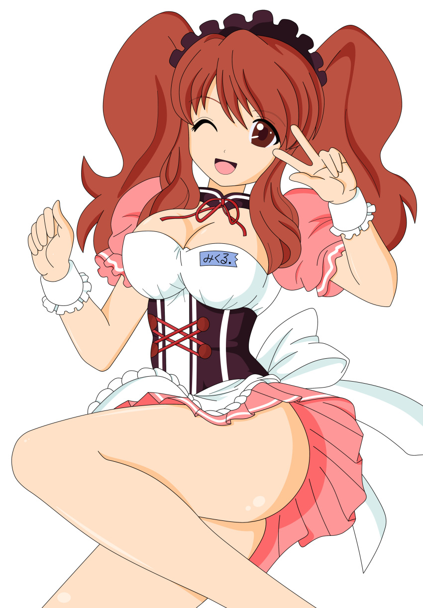 1girl absurdres asahina_mikuru breasts brown_eyes brown_hair cosplay dress highres large_breasts legs long_hair maid miniskirt open_mouth short_dress short_twintails shy skirt suzumiya_haruhi_no_yuuutsu thighs twintails vector_trace waitress wink