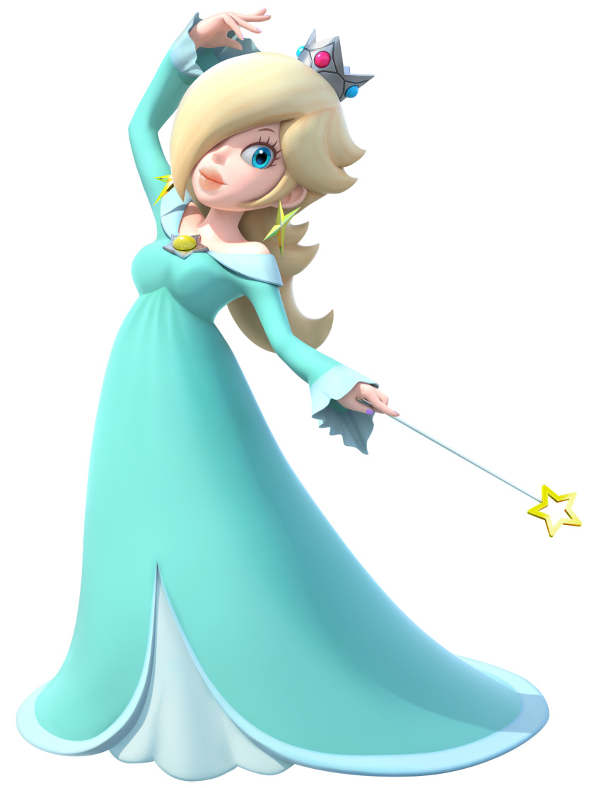 1girl blonde_hair blue_eyes crown earrings highres jewelry lips looking_at_viewer super_mario_bros. mario_party nail_polish official_art photoshop rosetta_(mario) super_mario_bros. super_mario_galaxy wand