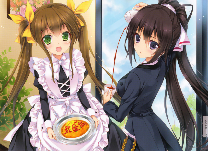 2girls alternate_costume black_hair blush brown_hair chinese coffee coffee_cup drink enmaided fang flower food green_eyes hair_between_eyes hair_ribbon happy high_ponytail highres holding huang_lingyin indoors infinite_stratos long_hair looking_at_viewer maid mitsu_king multiple_girls omelet open_mouth ponytail ribbon shinonome_houki shinonono_houki suit text twintails violet_eyes white_ribbon yellow_ribbon