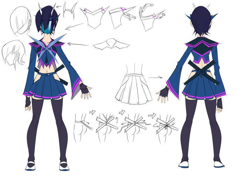 1girl ass black_hair concept_art female genderswap gloves highres mask ninja personification ryuusei_(mark_ii) school_uniform shoes short_hair skirt soundwave thigh-highs transformers transformers_prime weapon