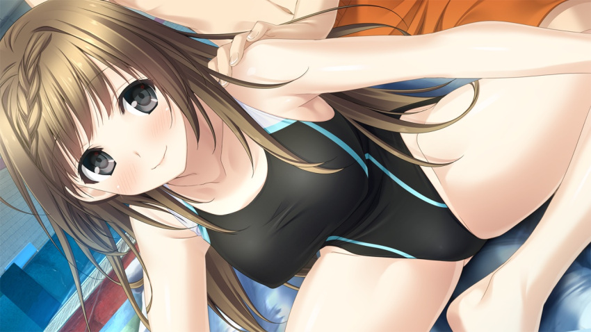 1girl barefoot black_eyes blush braid breasts brown_hair collarbone erect_nipples game_cg haru_kiss legs long_hair looking_back marui_(koedame) massage navel pool smile swimsuit thighs water yasumi_itsuki