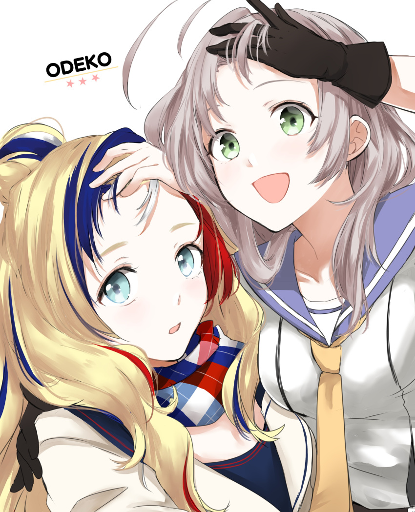 2girls :d absurdres black_gloves blonde_hair blue_hair character_request commandant_teste_(kantai_collection) forehead gloves green_eyes hand_on_another's_shoulder hand_on_forehead highres kantai_collection kinugasa_(kantai_collection) morinaga_miki multicolored_hair multiple_girls necktie open_mouth redhead scarf smile white_background yellow_neckwear