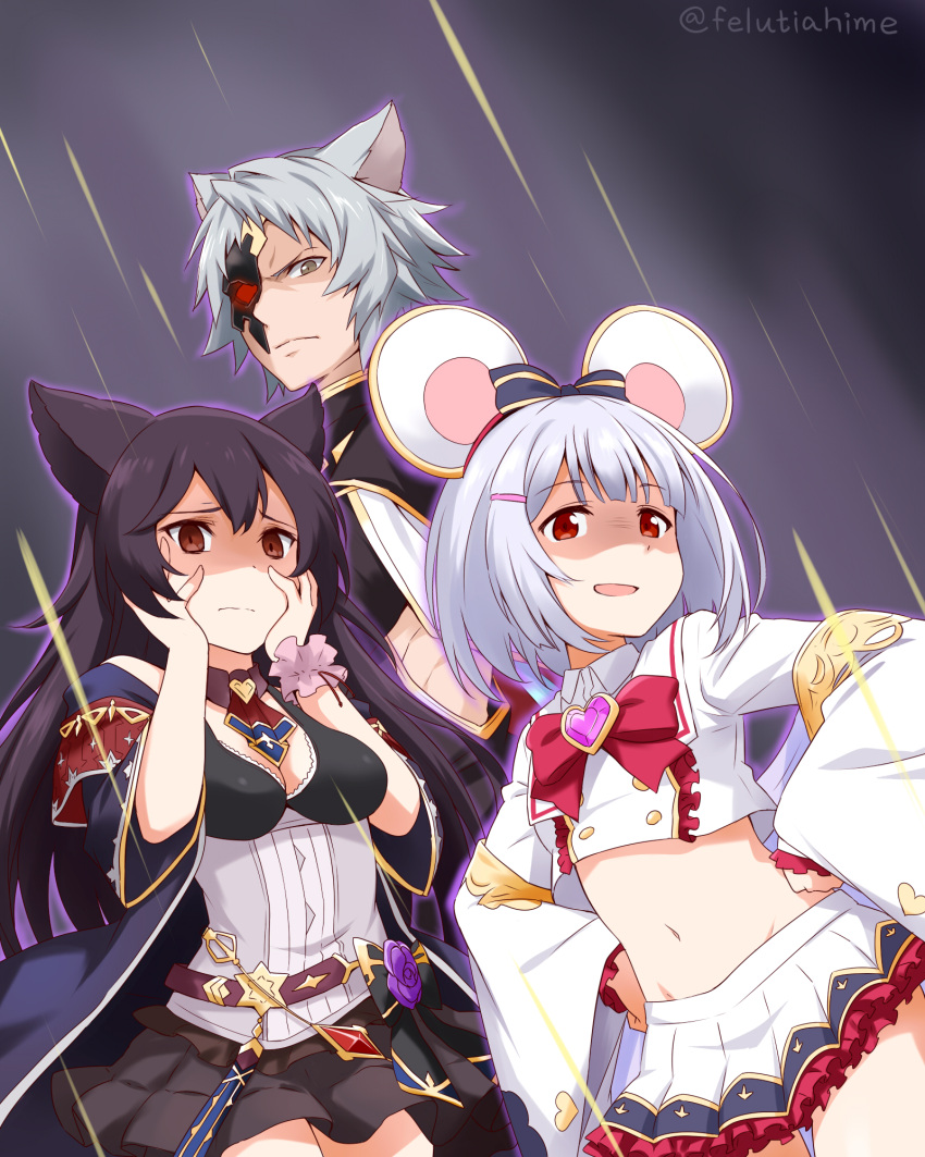 angry animal_ears bangs bare_shoulders black_hair bow breasts commentary_request erune eyebrows_visible_through_hair felutiahime flat_chest flower gem granblue_fantasy grey_hair hair_between_eyes highres long_hair looking_at_viewer medium_breasts navel nier_(granblue_fantasy) purple_flower red_bow red_eyes short_hair skirt smile vikala_(granblue_fantasy) white_skirt