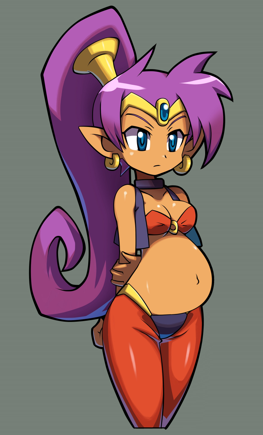 1girl blue_eyes breasts cleavage dark_skin earrings female highres jewelry makoto_yabe official_art photoshop pointy_ears ponytail pregnant purple_hair shantae shantae_(character) shantae_and_the_pirate's_curse solo