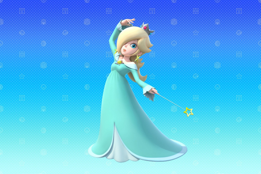 1girl blonde_hair blue_eyes crown earrings highres jewelry lips looking_at_viewer super_mario_bros. mario_party nail_polish official_art rosetta_(mario) super_mario_bros. super_mario_galaxy wand