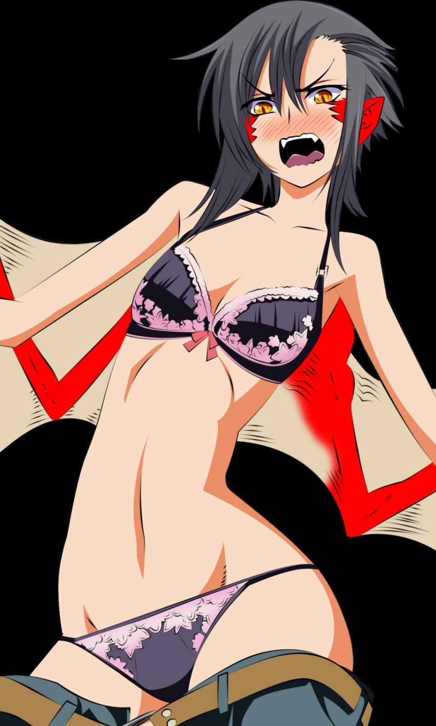 1girl black_hair blush bra breasts draco_(monster_musume) monster_girl monster_musume_no_iru_nichijou open_mouth panties small_breasts standing underwear