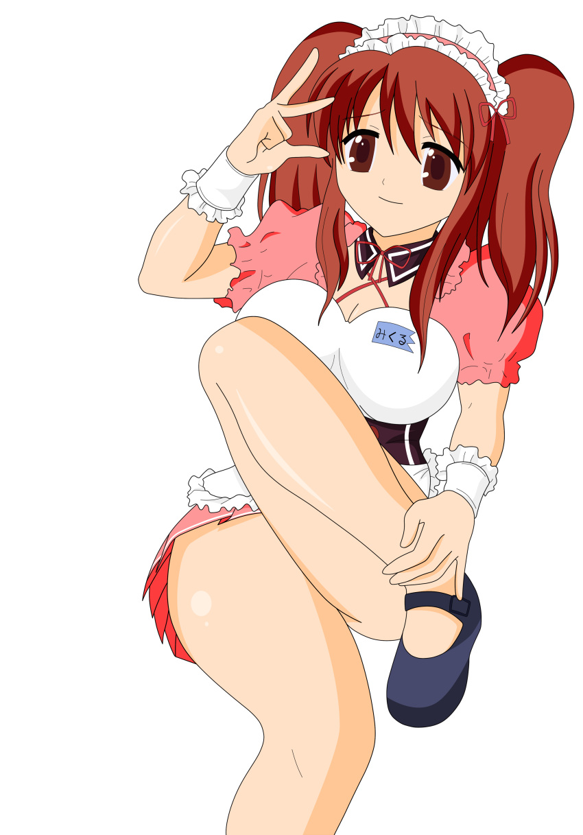 1girl absurdres asahina_mikuru breasts brown_eyes brown_hair cosplay dress highres large_breasts legs long_hair maid miniskirt open_mouth short_dress short_twintails shy skirt suzumiya_haruhi_no_yuuutsu thighs twintails vector_trace waitress wink
