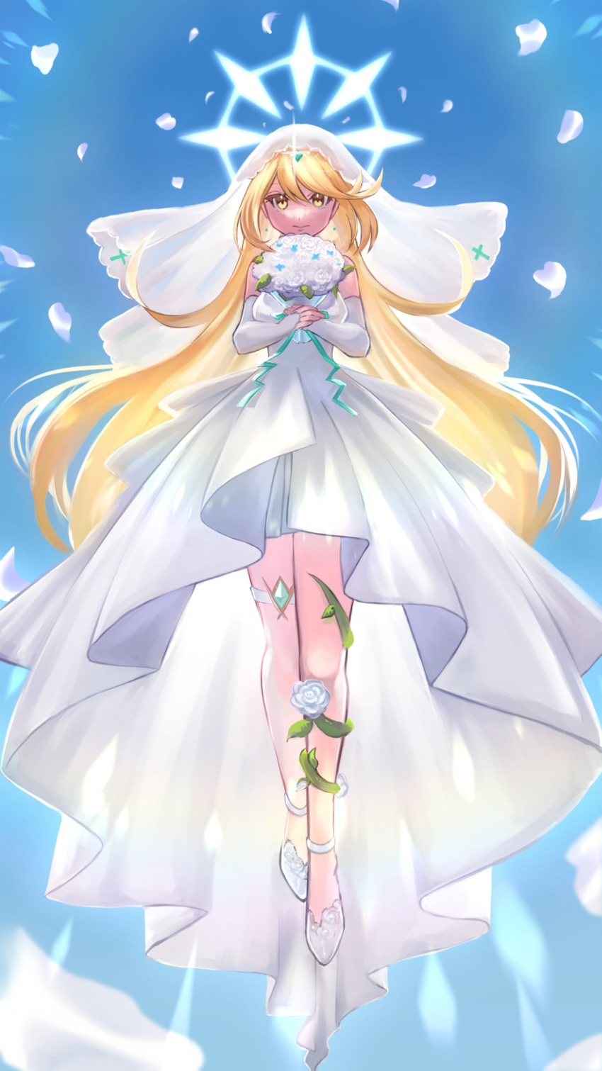 absurdres bangs bare_legs blonde_hair bouquet breasts bridal_gauntlets bridal_veil bride dress earrings highres holding holding_bouquet jewelry kyosuke1413koba large_breasts long_hair mythra_(xenoblade) swept_bangs thigh_strap tiara veil very_long_hair wedding_dress white_dress white_footwear xenoblade_chronicles_(series) xenoblade_chronicles_2 yellow_eyes
