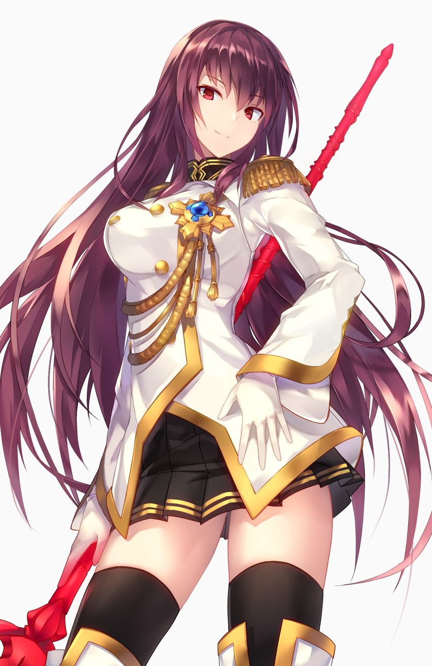 1girl black_legwear breasts cowboy_shot epaulettes fate/extella fate/extella_link fate/extra fate/grand_order fate_(series) frilled_sleeves frills gae_bolg gloves highres holding holding_weapon large_breasts long_hair metindone military military_uniform polearm purple_hair red_eyes scathach_(fate/grand_order) smile solo spear thigh-highs uniform weapon white_gloves