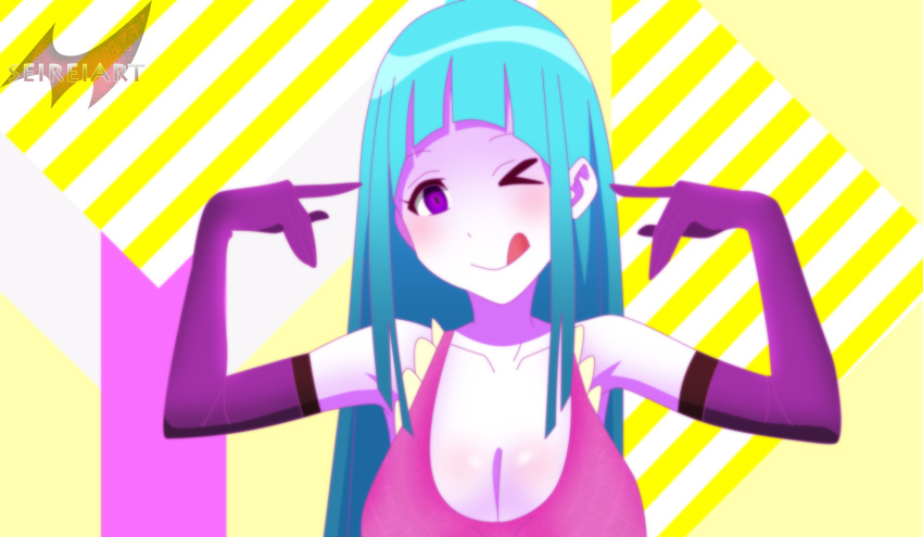 &gt;_o 1girl ;q bare_shoulders blue_hair breasts cleavage elbow_gloves gloves highres long_hair me!me!me! meme_(me!me!me!) one_eye_closed seireiart tongue tongue_out violet_eyes wallpaper wink