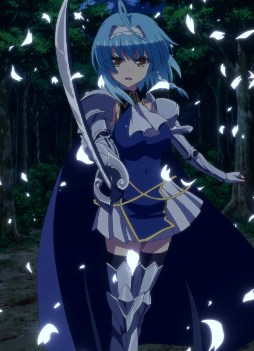 1girl armor blue_hair highres night nonaka_yuki screencap shinmai_maou_no_testament solo standing stitched sword weapon yellow_eyes